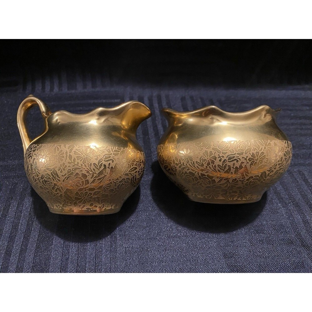 Vintage Wheeling Gold China Sugar and Creamer Set floral pattern